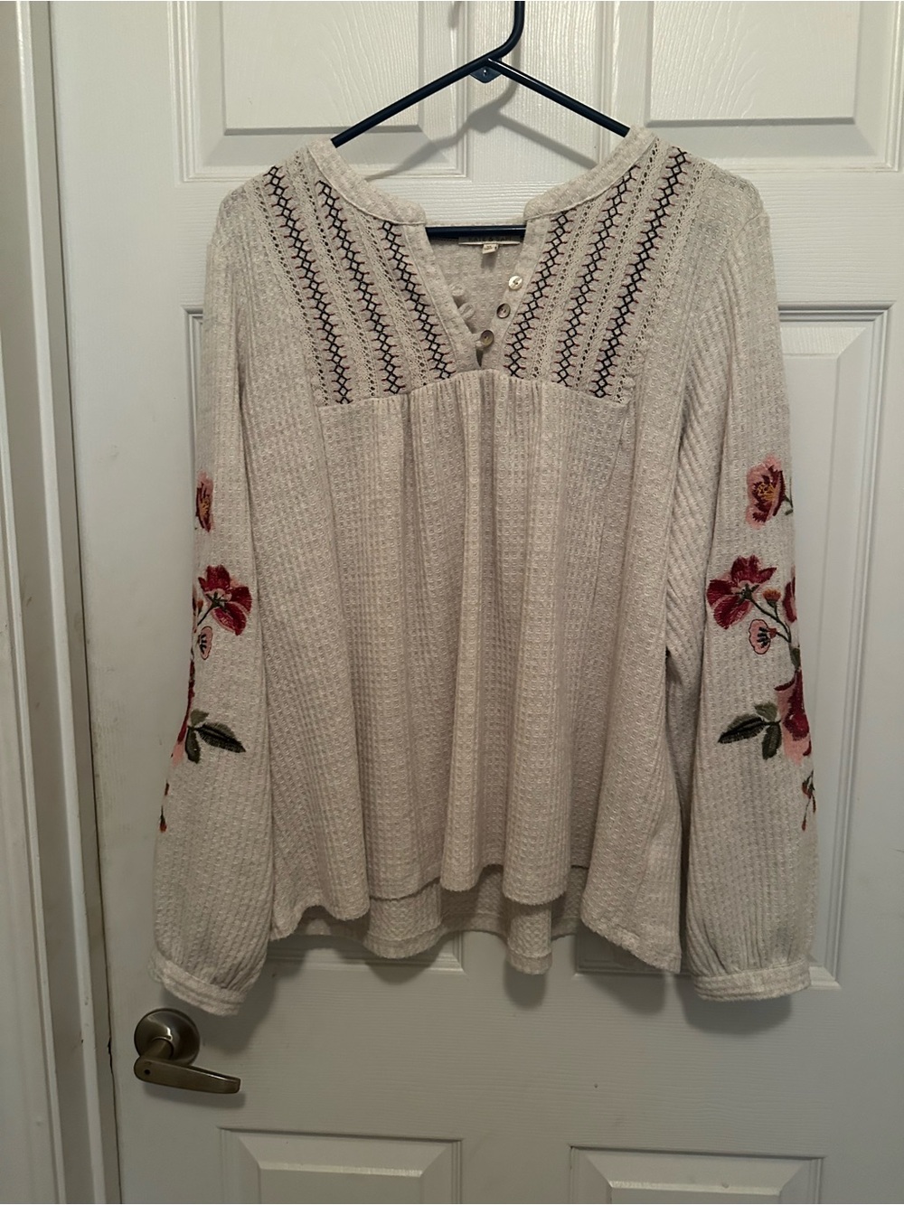 Embroidered Cream Boho Peasant Blouse with Floral Sleeves